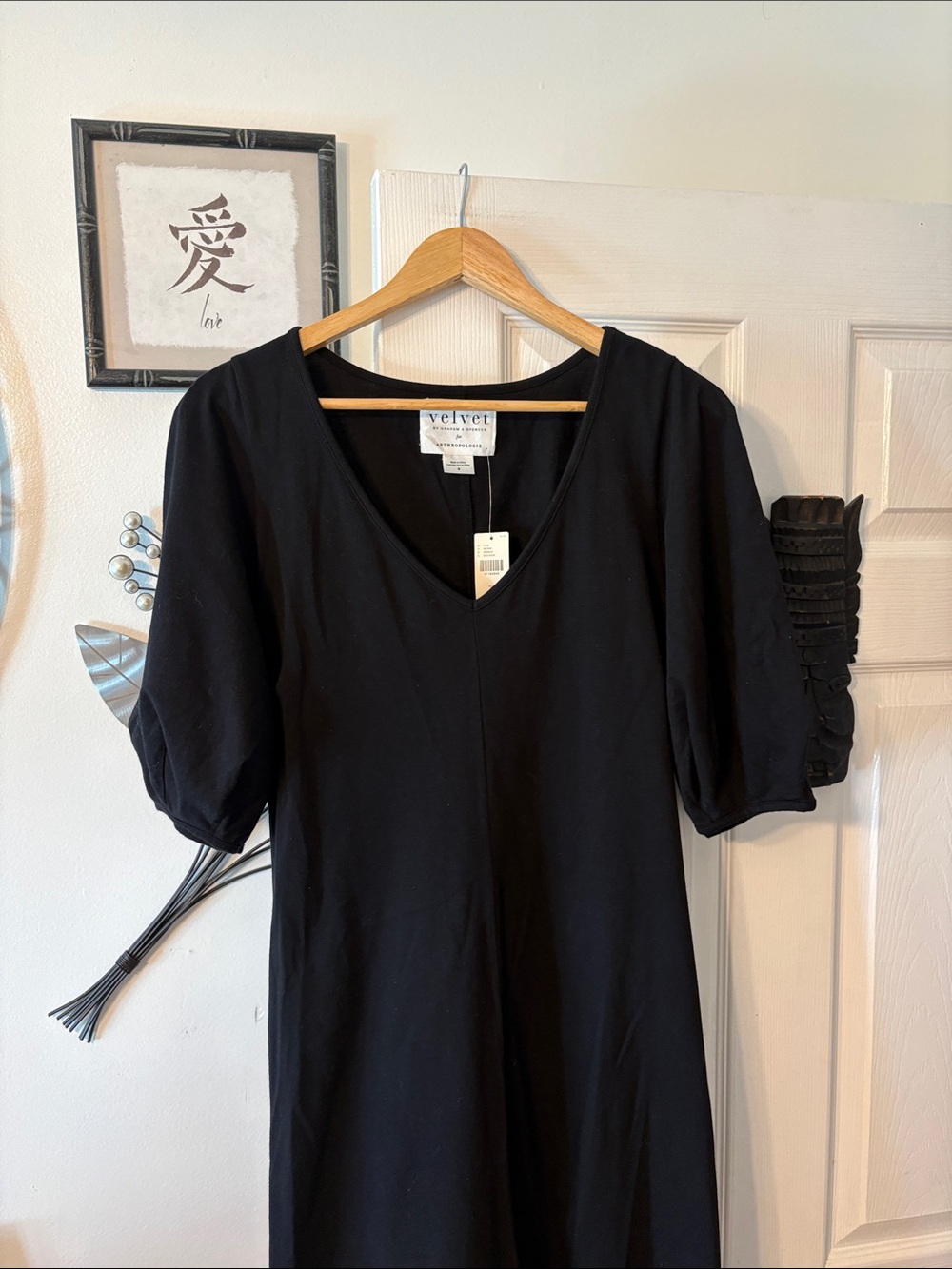 Velvet Black V-Neck Midi Dress with Puff Sleeves